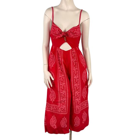 Free People Pants - Free People Linen Blend Wide Leg Jumpsuit 0‎ Red Paisley Cottage Boho Festival